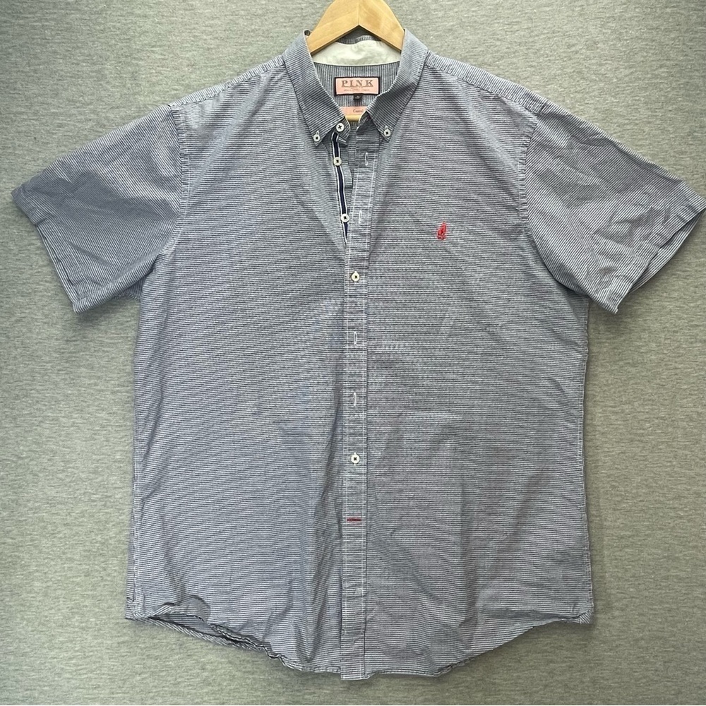 THOMAS Pink Men’s Blue White Plaid Shirt Size XL Short Sleeve Embroidered